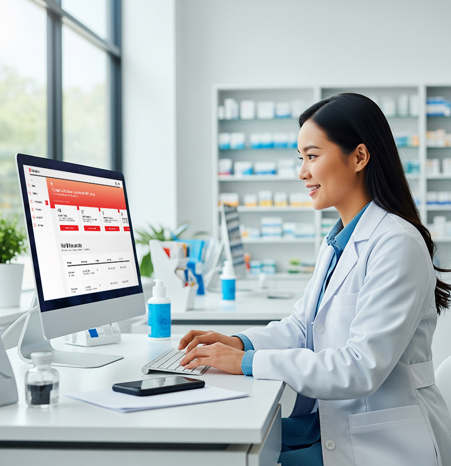 Pharmacist using MedSov on a computer